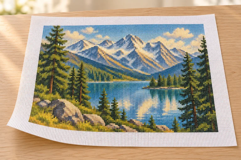 Alpenlandschaft auf bedrucktem Stickstoff, mit freiem weißen Rand. Veranschaulichendes Bild.