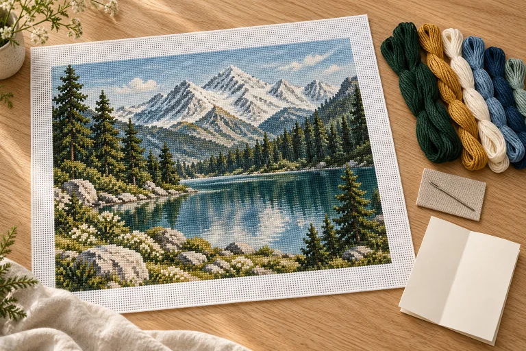 Vordruck Landschaft auf Stickstoff, ausgewählte Fäden und Nadel. Veranschaulichendes Bild.