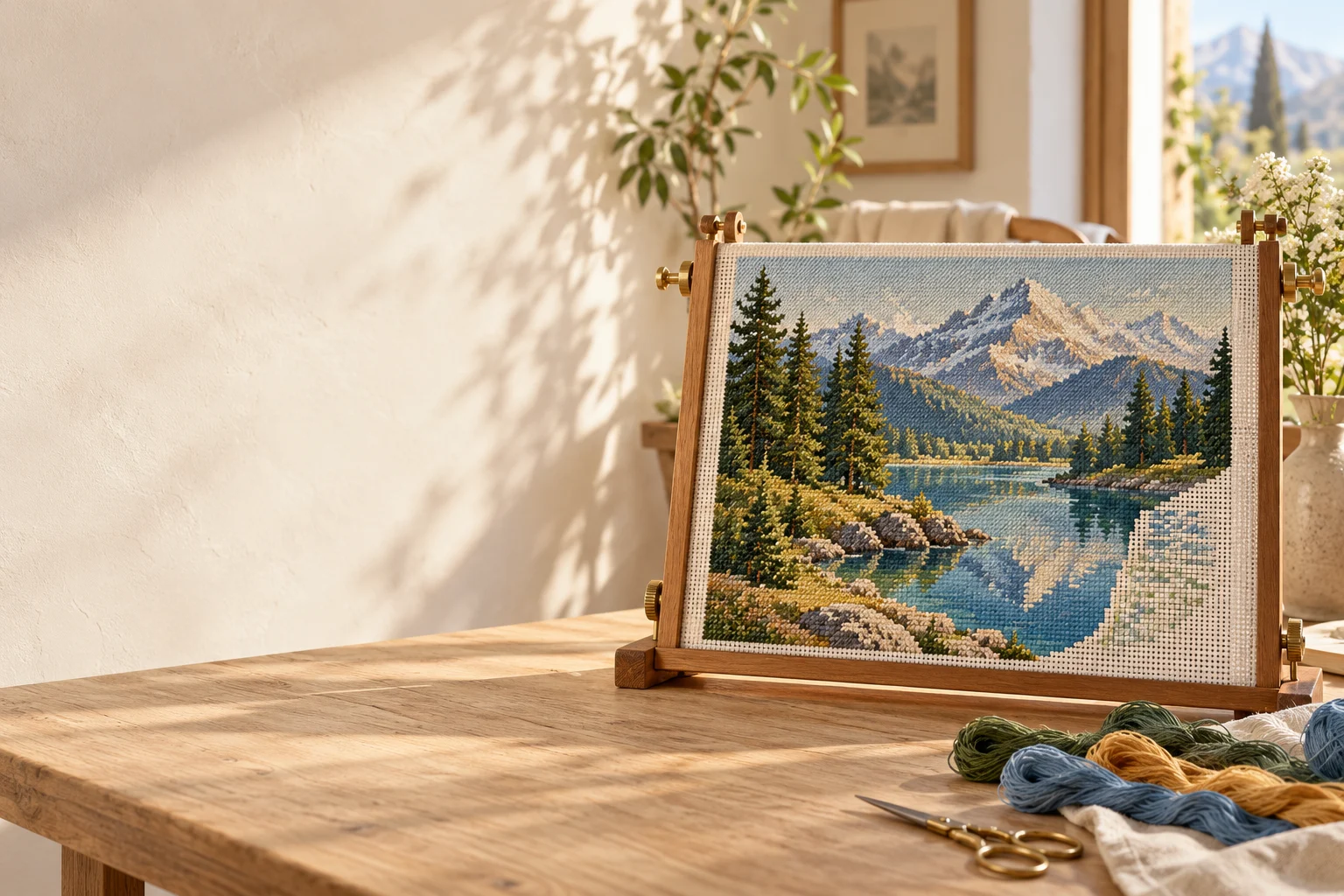 Alpenmotiv auf einem rechteckigen Gobelinrahmen, mit Stickgarn in einem sonnigen Atelier. Stimmungsillustration.