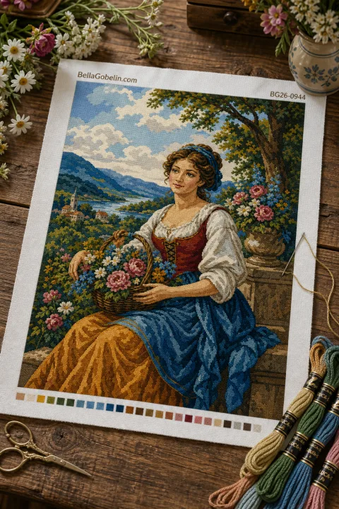 Mädchen mit Blumenkranz am See
