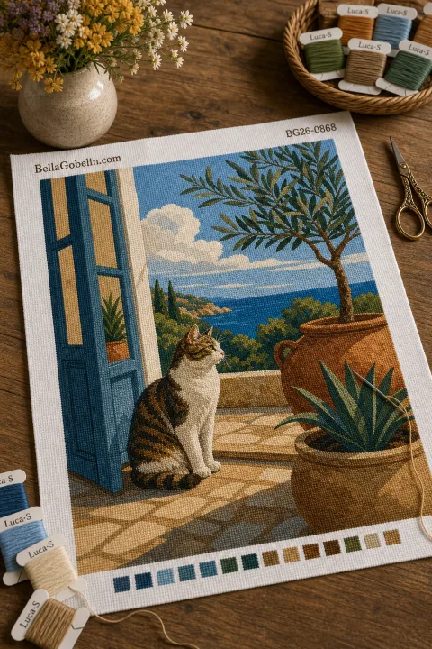Katze auf der Strandterrasse