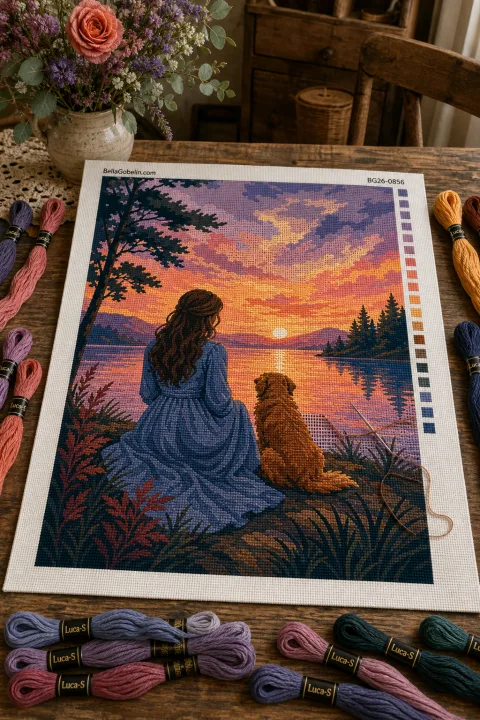 Muster für Gobelin mit Sonnenuntergang am Seeufer