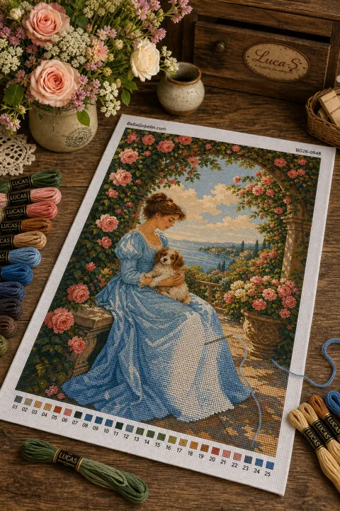 Dame mit Welpen unter dem Rosenbogen