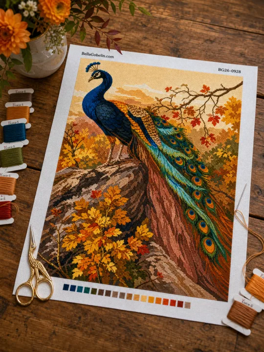 Pfau-Hahn im herbstlichen Stillleben