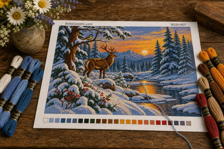 Winterwaldlandschaft mit einem Reh