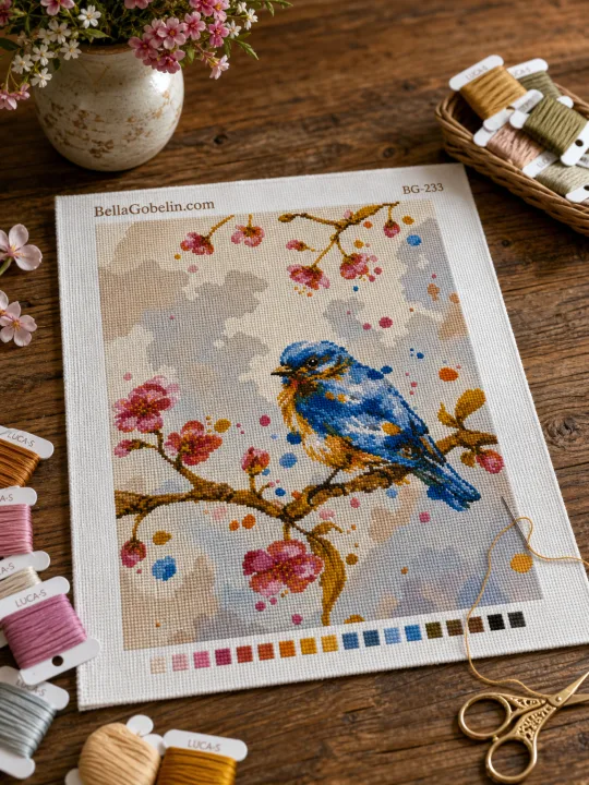Blauer Vogel auf blühendem Ast