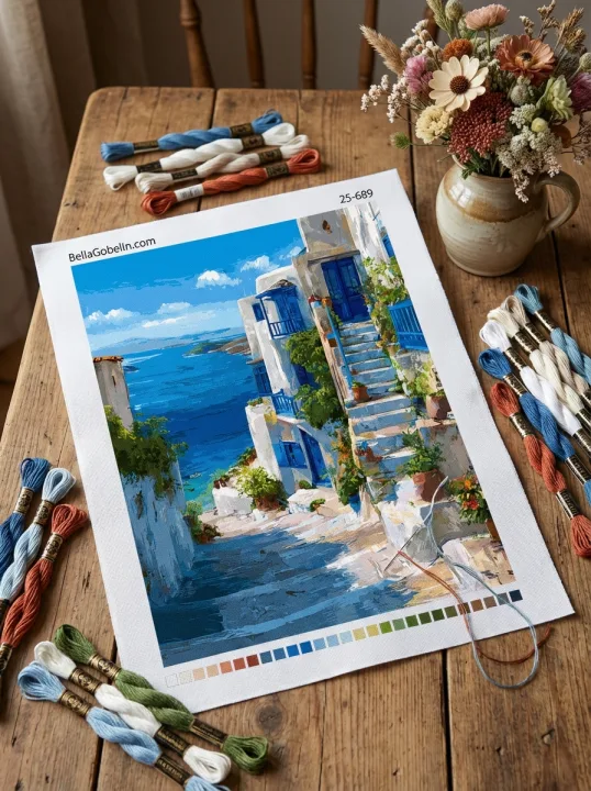 Griechisches Landschaftsbild mit Gobelin-Design – 25-689