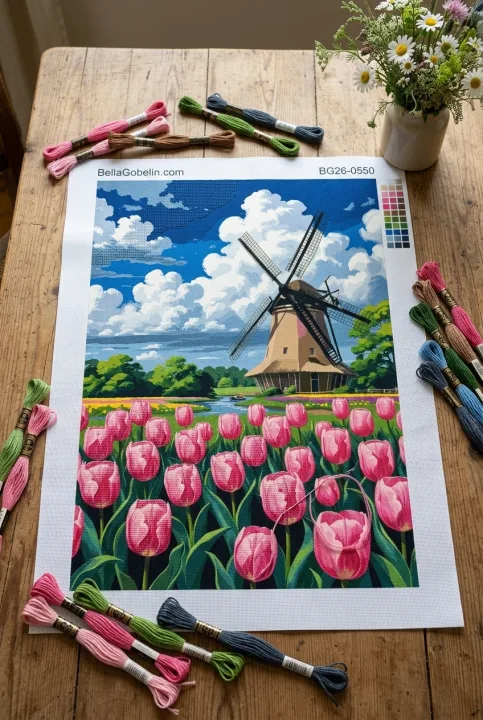 Holländische Windmühle mit Tulpenfeld (Gobelin)