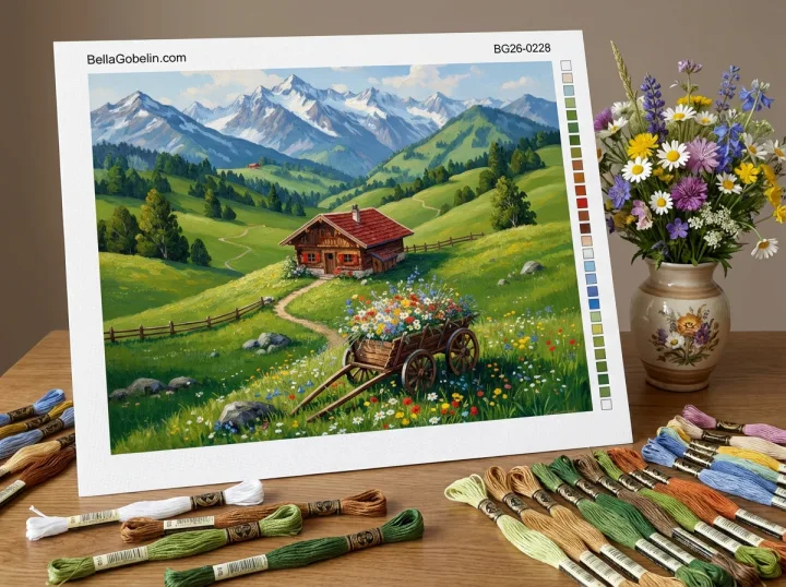 Alpenlandschaft mit blumengeschmücktem Wagen