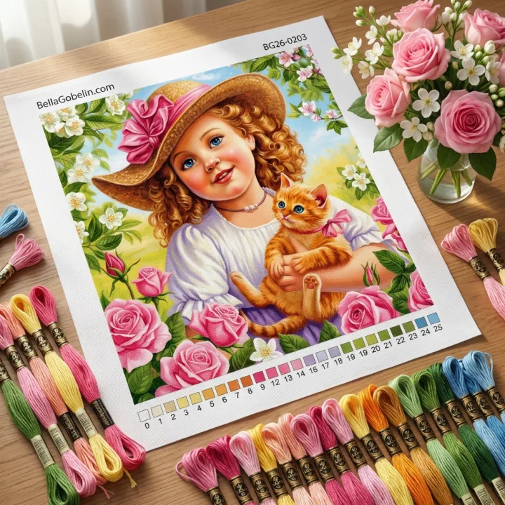 Mädchen, Kätzchen und Rosen.