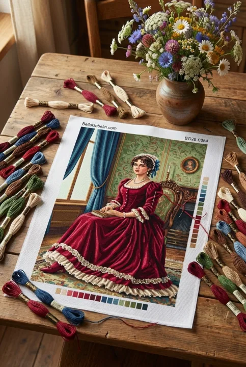 Dame in bordeauxrotem Kleid