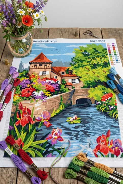 Blumiges Haus am Wasser (Gobelin)