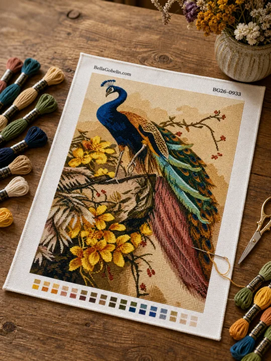 Pfau auf blühenden Ästen