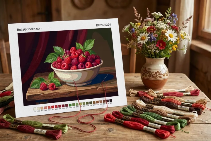 Stillleben mit Himbeeren in einer Schale