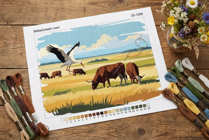 Ungarische Landschaft mit Storch und Kühen