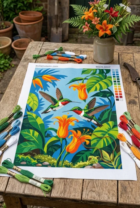 Kolibris zwischen tropischen Blumen