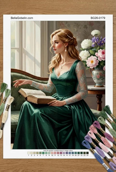 Dame, die ein Buch liest, in grünem Kleid