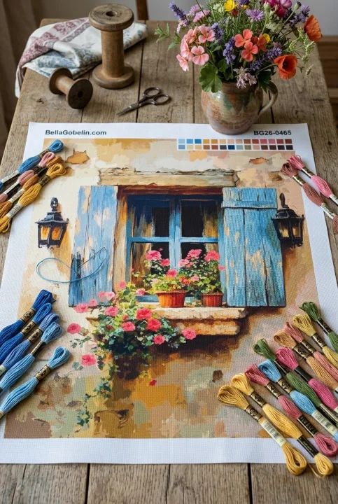 Mediterranes Fenster mit Blumenstickerei