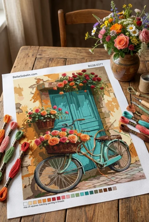 Blumiges Fahrrad mit blauer Tür