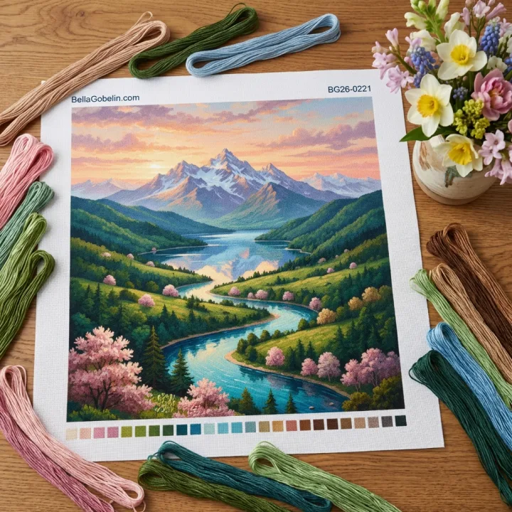 Berglandschaft mit blühenden Bäumen