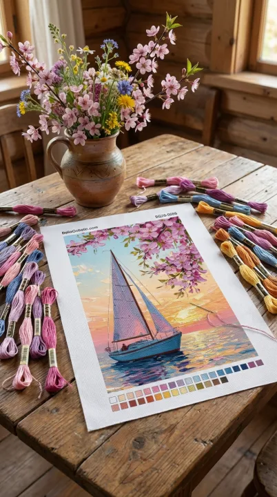 Segelboot mit Blumen im Sonnenuntergang