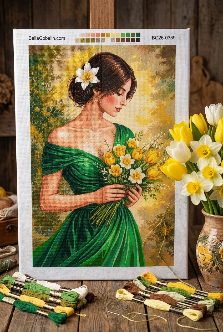 Dame in grünem Kleid mit gelbem Blumenstrauß