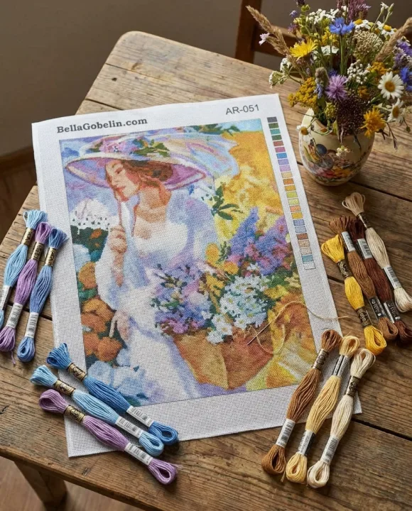 Hübsche Dame mit einem Korb voller Blumen