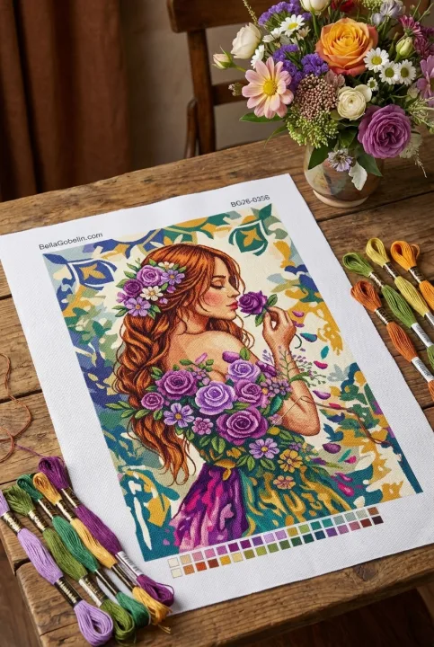 Dame mit lila Rosen