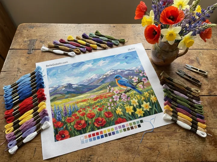 Frühlingslandschaft mit einem kleinen Vogel