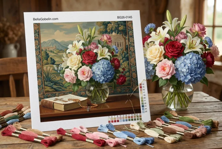 Stillleben mit Blumen und Buch