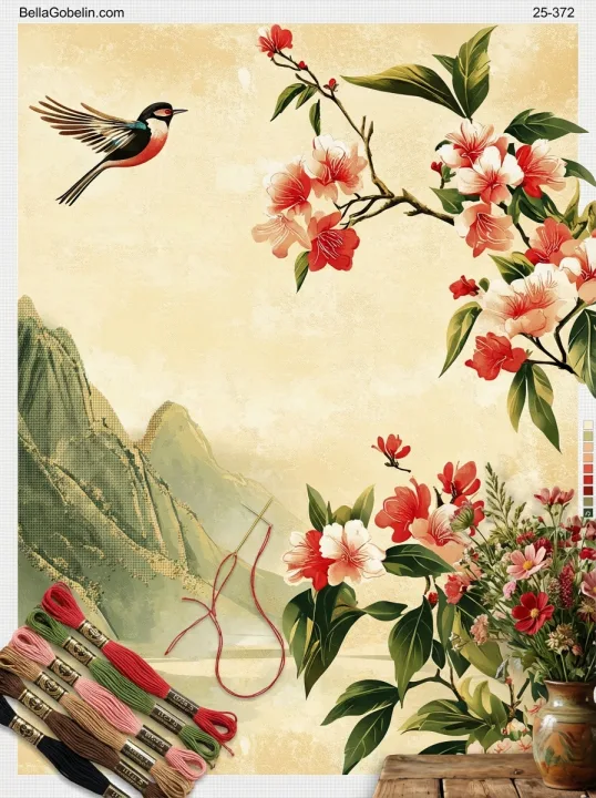 Chinesischer Stil: kleiner Vogel und blühender Zweig