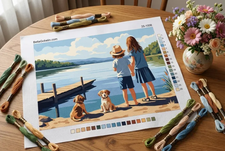 Kinder und kleine Hunde am See