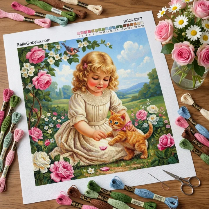 Kleines Mädchen, Kätzchen, Rosengarten, Idylle
