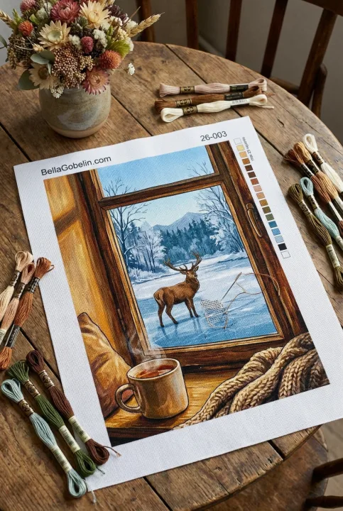 Innen warm, draußen kalt – ein Bild mit einem Hirsch.