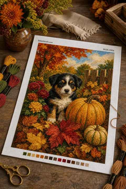 Herbstlicher Welpe zwischen Kürbissen