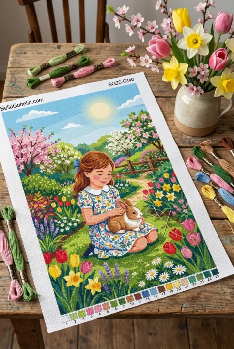 Mädchenhase im Frühlingsgarten