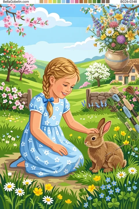 Mädchen mit Häschen in Frühlingslandschaft