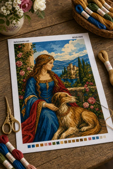 Dame mit einem Windhund beim Schloss