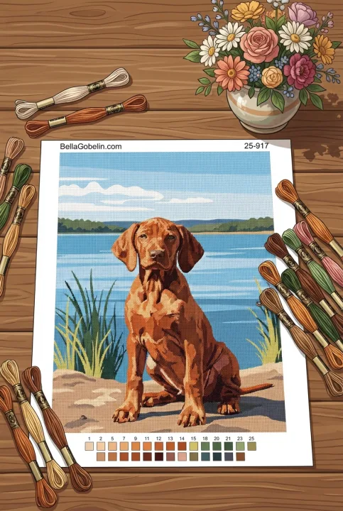 Hundeportrait - Peckes Vizsla-Welpe am See