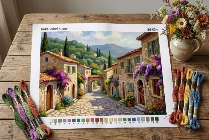 Italienische Kleinstadtstraße mit Gobelin-Design