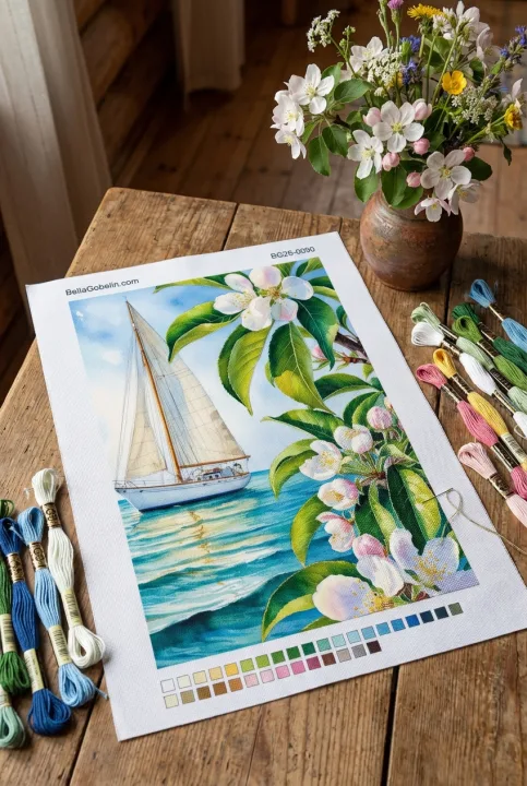 Segelboot mit Blumen und Küstenlandschaft, gestickt als Gobelin-Stickerei