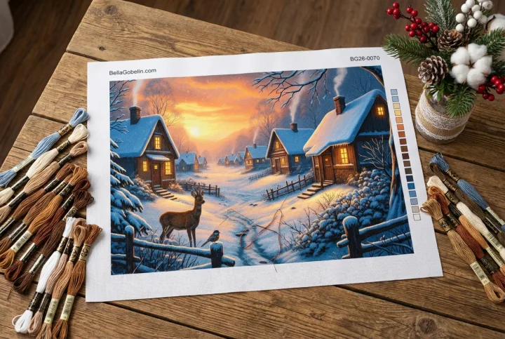 Winterlandschaft mit Hirsch auf Gobelin-Leinwand