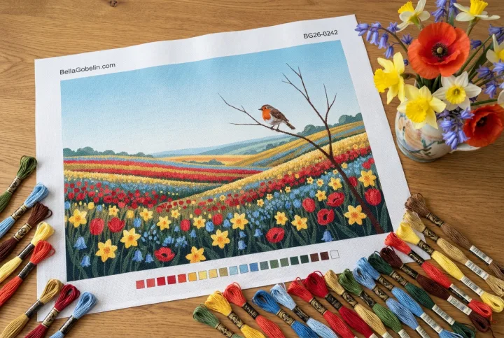 Blumenwiese mit Vogel
