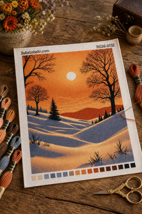 Winterlandschaft mit orangefarbener Himmel