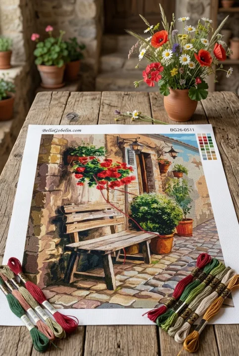 Mediterrane Straßenansicht mit Blumen