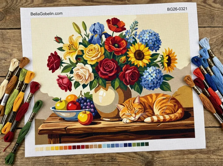Stillleben mit Blumen und Katze – BG26-0321