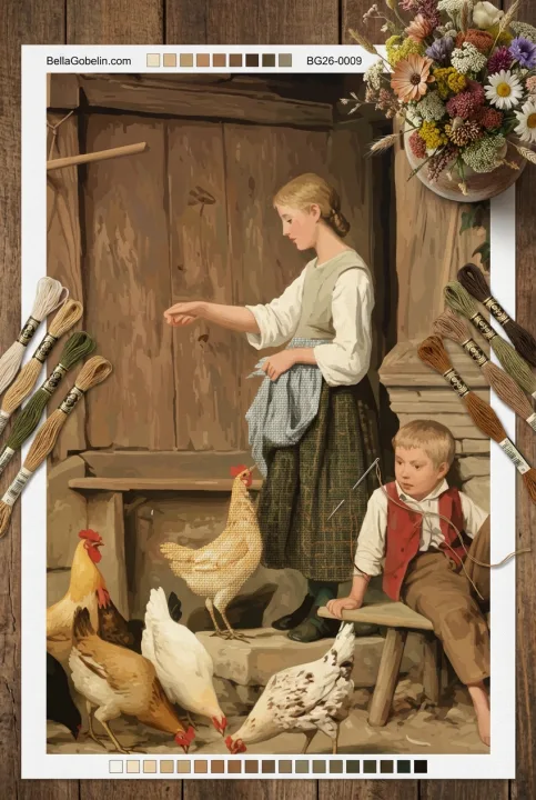 Albert Anker - Kinder füttern Hühner Nachbildung