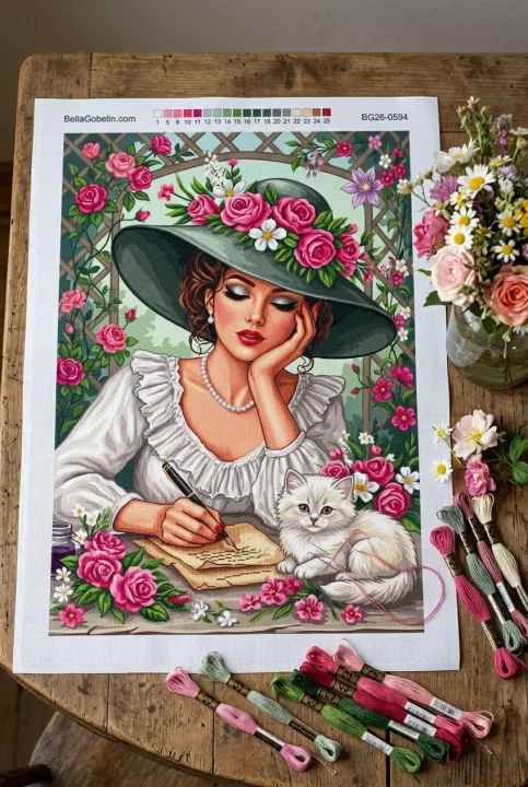 Dame mit Blumenhut und Katze