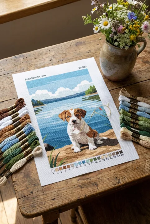 Hunde-Porträt - Gepunkteter Welpe am See – 25-993