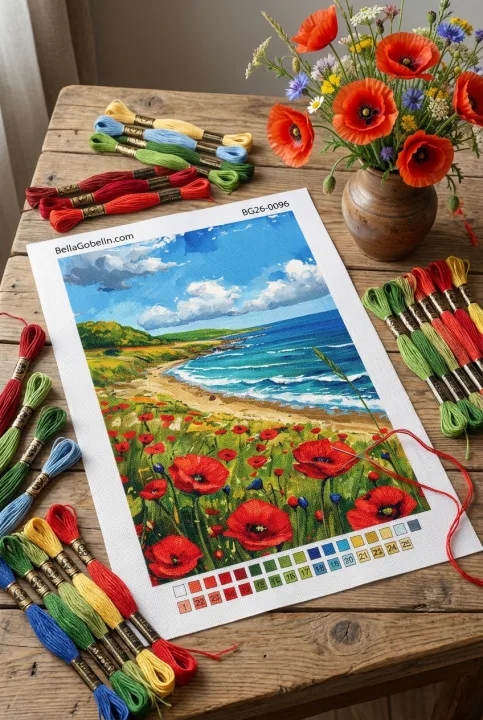 Meeresstrand mit Mohnblumen